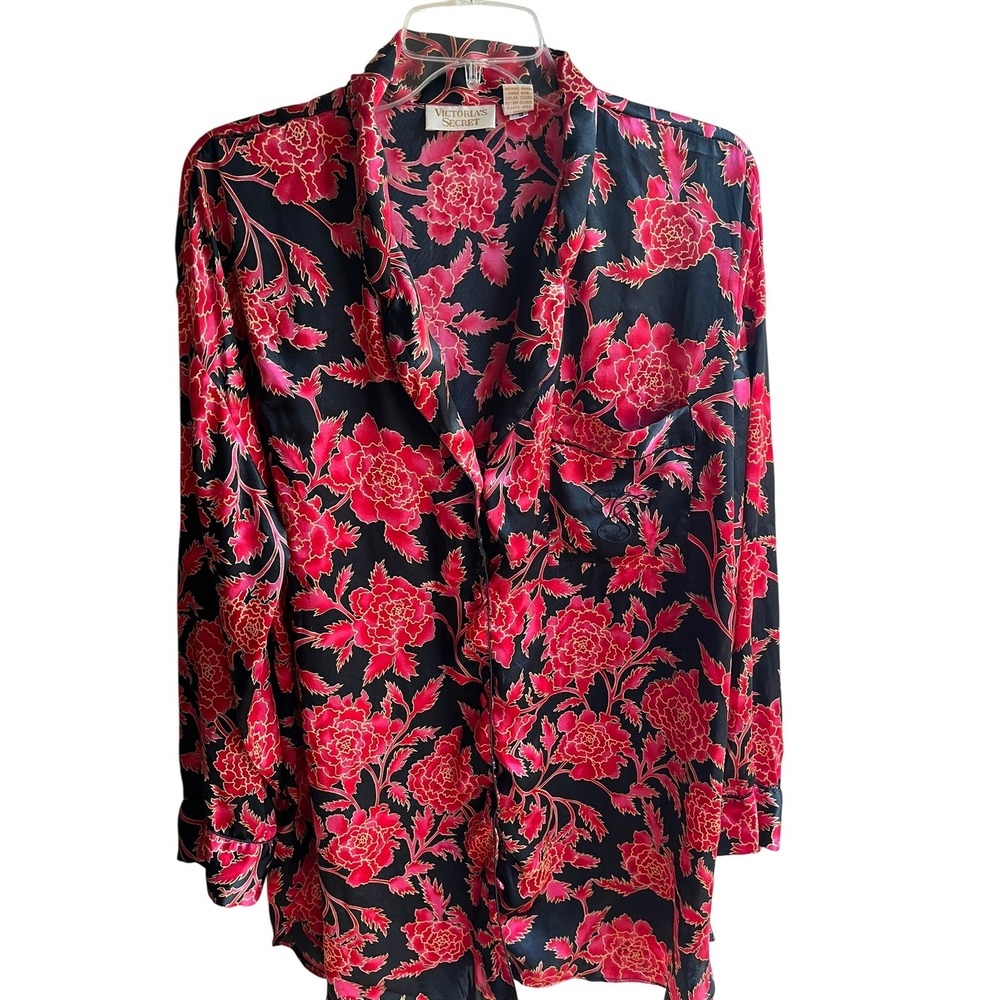 Vintage Gold‎ Tag Victoria's Secret 90's Black Red Floral Satin Sleepshirt Sz L